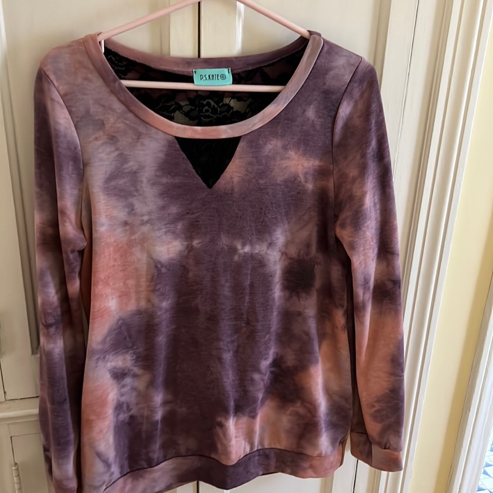 Purple Tye Dye w black lace slashed back cut outs PS Kate Sz Medium